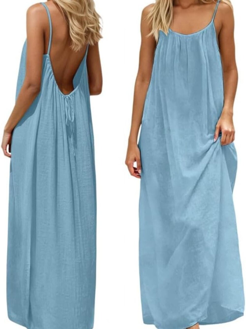 Summer Boho Strappy Cami Relaxed Beach Lounge House Dress Pastel Blue Open Back